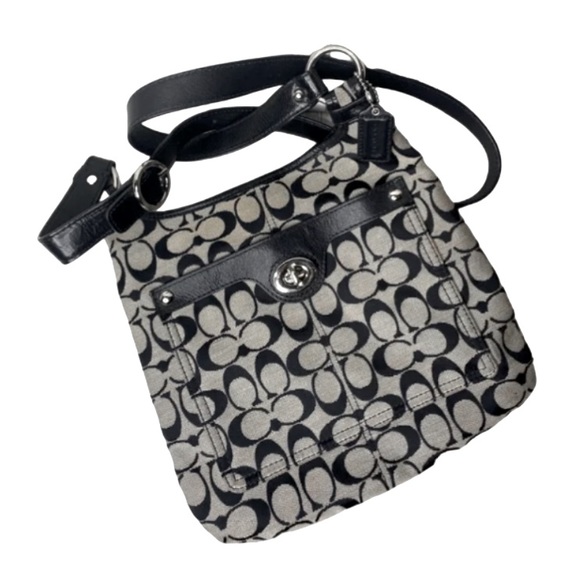 COACH Penelope Signature Monogram Jacquard Black Canvas Hobo Purse Crossbody Bag - Picture 3 of 6